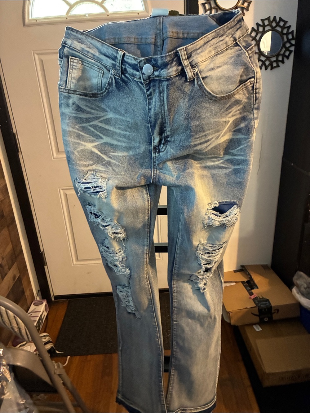 Fashion Nova Men's Light Wash Distressed Bootcut Jeans